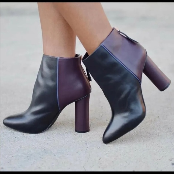 Cabi Ankle Bissett Boots Womens Size 8M Black Plum Leather Color Block High Heel - Picture 1 of 16